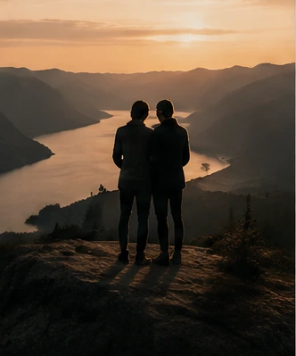 Two people looking out over a mountain lake at sunset